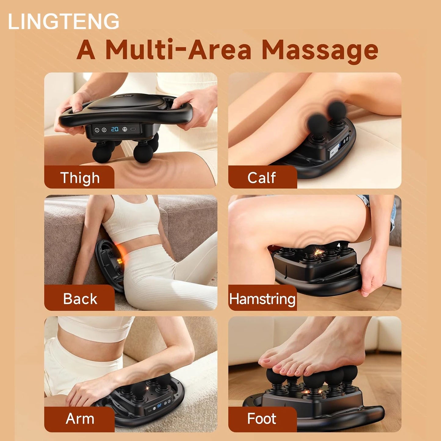 LINGTENG Deep Tissue Massage Gun, equipped with 6 head muscle massagers, a back massager, a percussive massage tool, and a handheld massager, featuring 9 intensity levels and 4 modes, suitable as a Christmas gift, adult birth