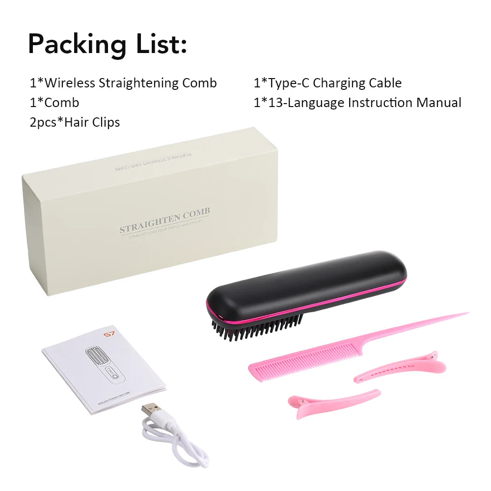 Cordless Hair Brush Straightener Electric Hot Heating Brush Negative Ion Hair Straightening Styling Comb Smoothing Nourish Hair