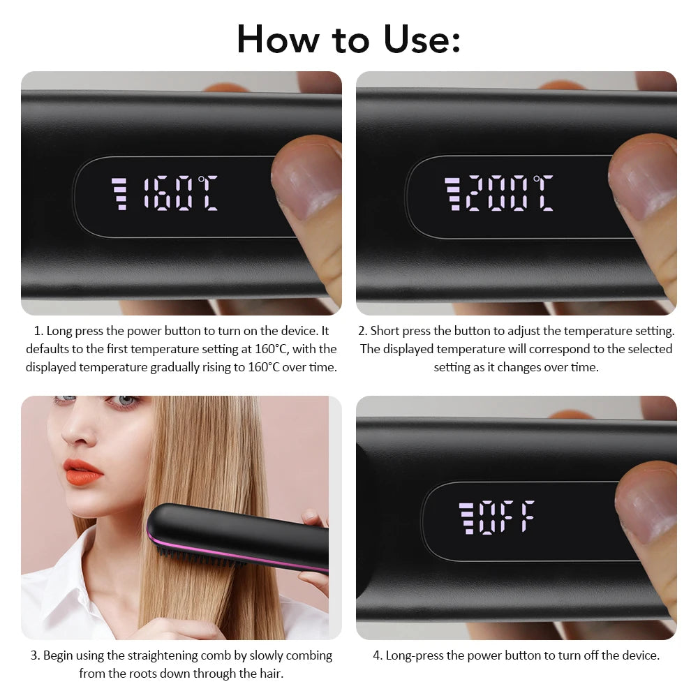 Cordless Hair Brush Straightener Electric Hot Heating Brush Negative Ion Hair Straightening Styling Comb Smoothing Nourish Hair