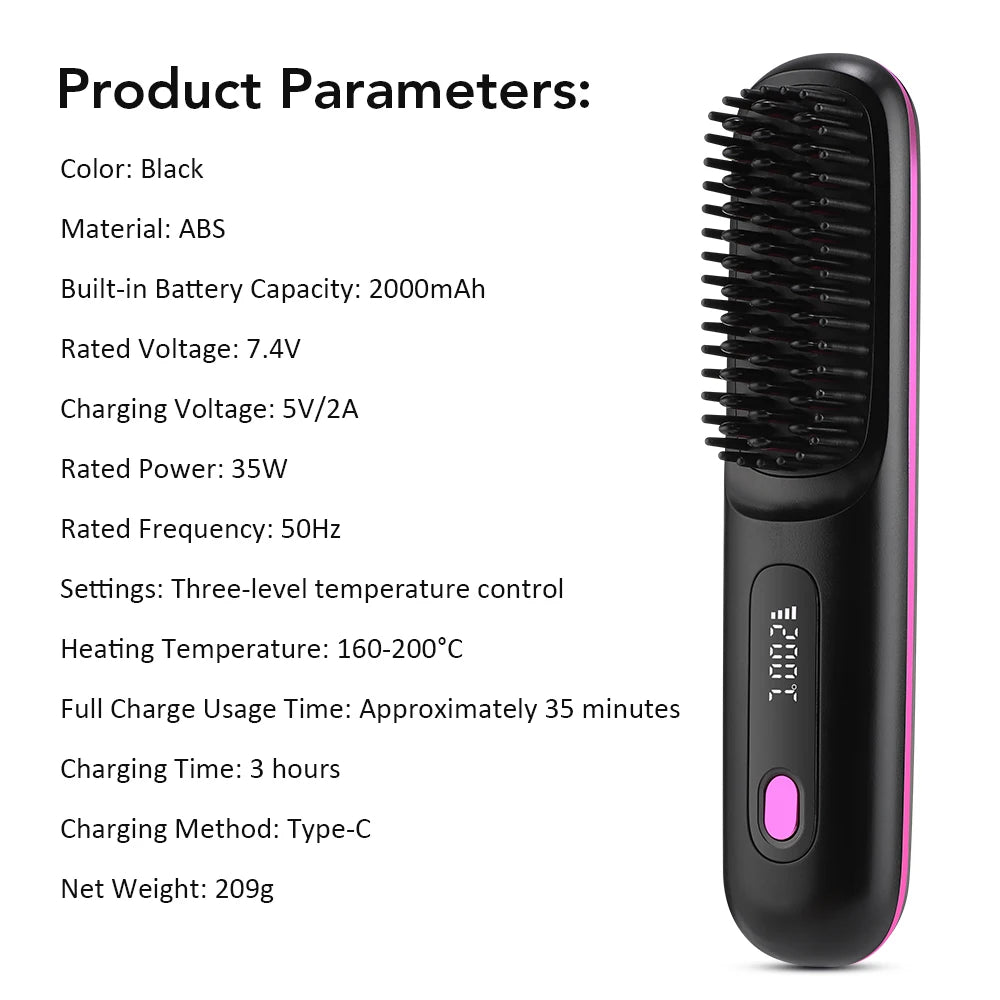 Cordless Hair Brush Straightener Electric Hot Heating Brush Negative Ion Hair Straightening Styling Comb Smoothing Nourish Hair